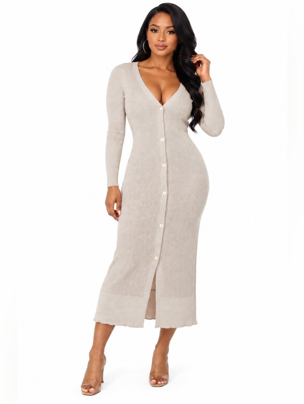 Women’s Beige Ribbed Button-Front Sweater Dress Size Medium9